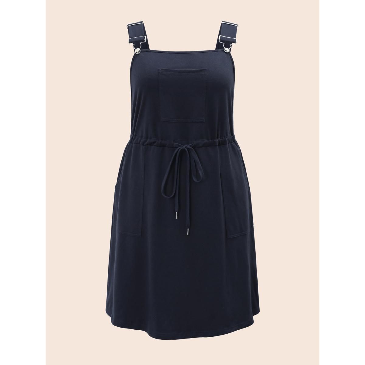 Plus Size Plain Pocket Drawstring Overall Dress Navy Women Casual Non Non Sleeveless Curvy BloomChic 28/5X Product Image