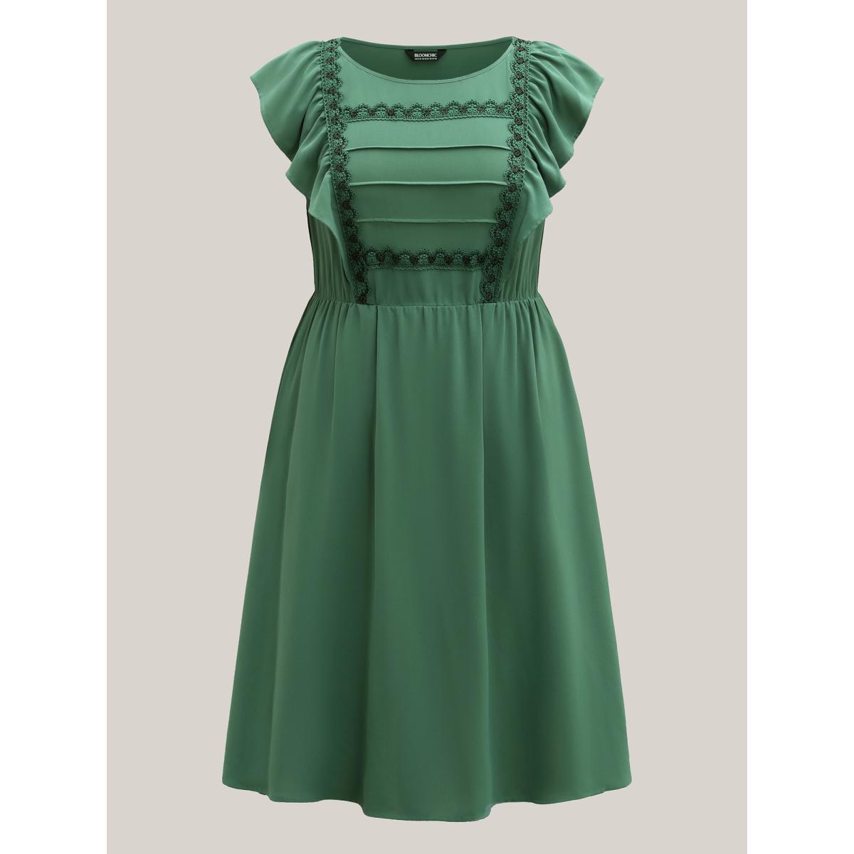 Plus Size Lace Trim Pleated Ruffled Sleeve Midi Dress Emerald Women Round Neck Sleeveless Curvy BloomChic 12/L Product Image