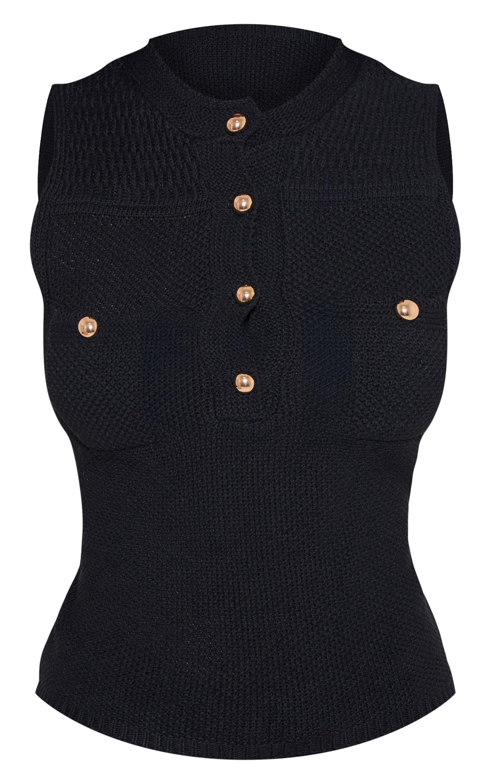 Petite Black Knitted Long Top With Button Details Product Image