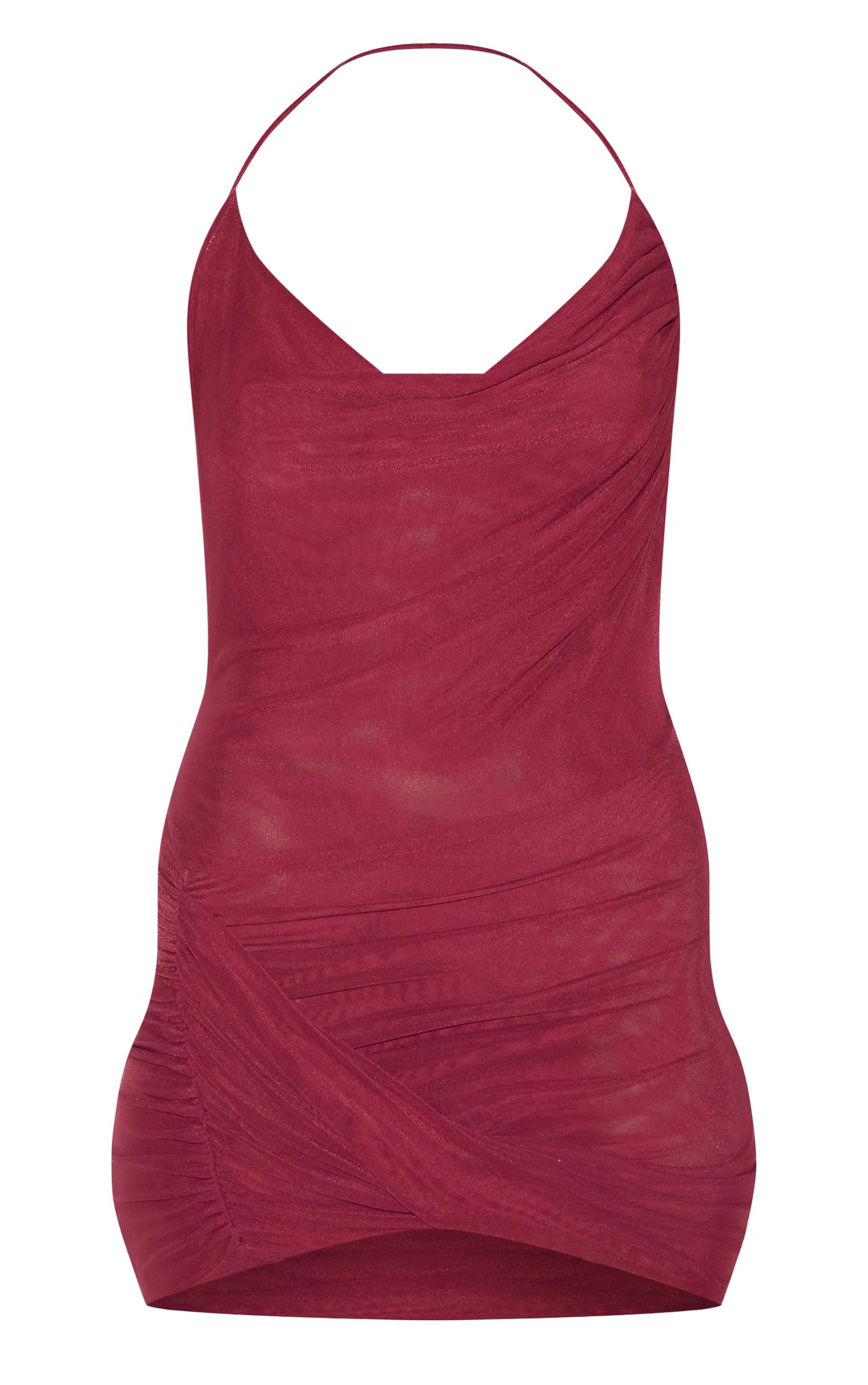 Wine Mesh Ruched Halter Neck Mini Dress Product Image