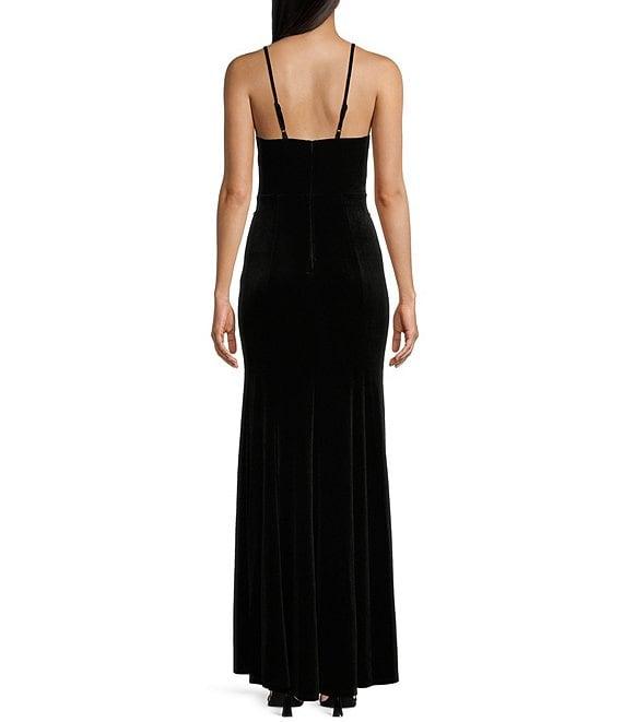 Pear Culture Spaghetti Strap Embellished Side Slit Velvet Long Dress Product Image