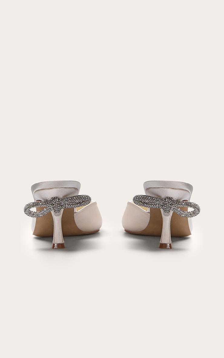 Ivory Satin Point Toe Diamante Bow Low Heeled Mules Product Image