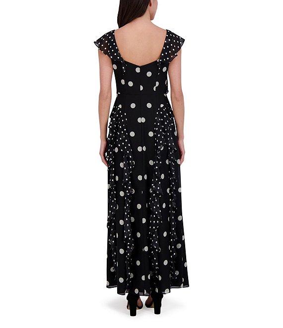 Eliza J Chiffon Polka Dot V Neck Short Sleeve Ruffle Sheath Maxi Dress Product Image