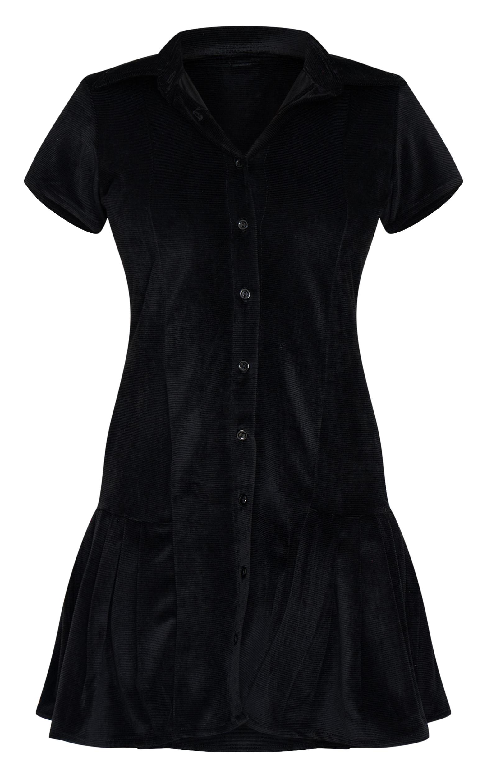 Black Cord Button Down Cap Sleeve Pleated Hem Shift Dress Product Image