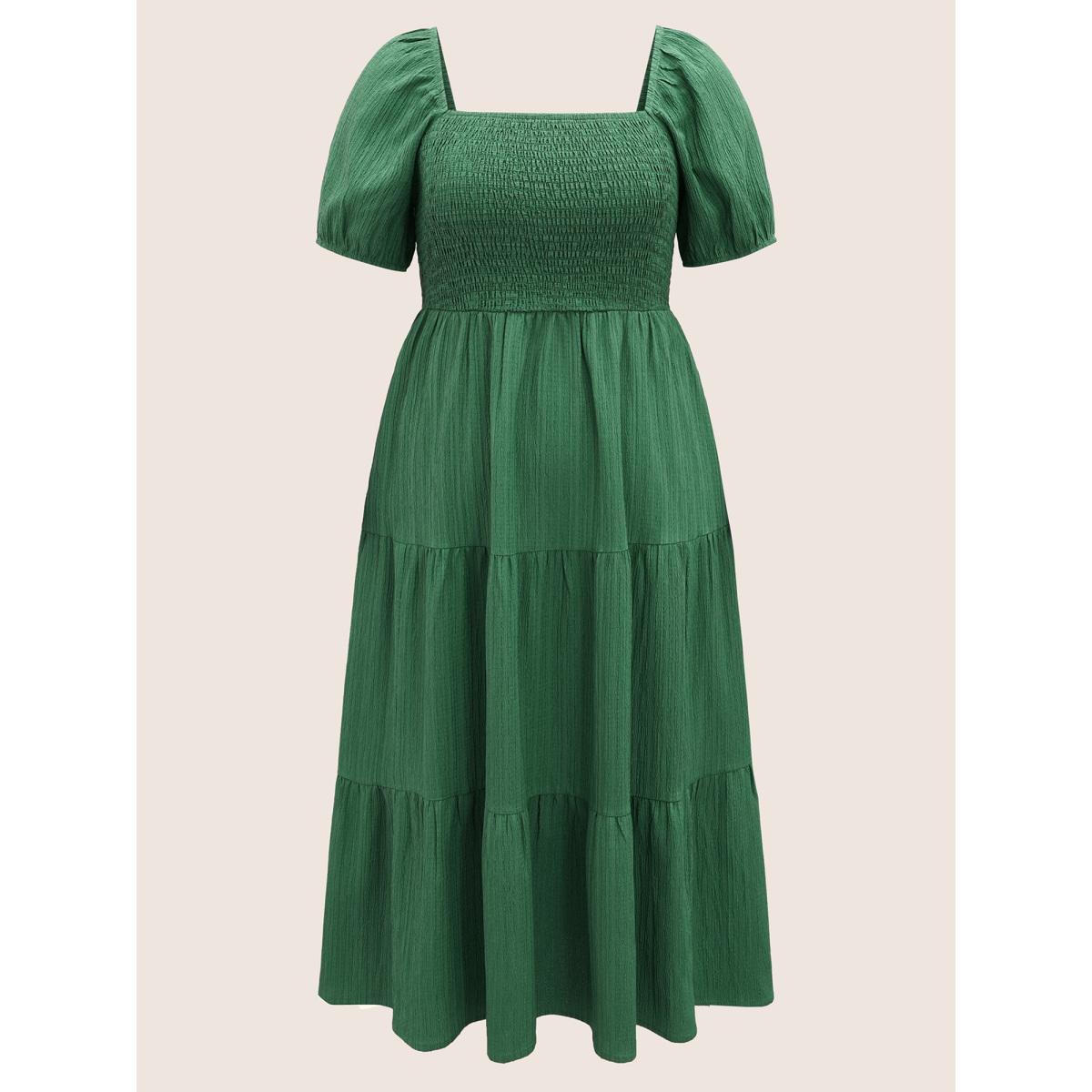 Plus Size Square Neck Texture Shirred Puff Sleeve Dress Emerald Women Elegant Texture Square Neck Short sleeve Curvy BloomChic 14-16/1X Product Image