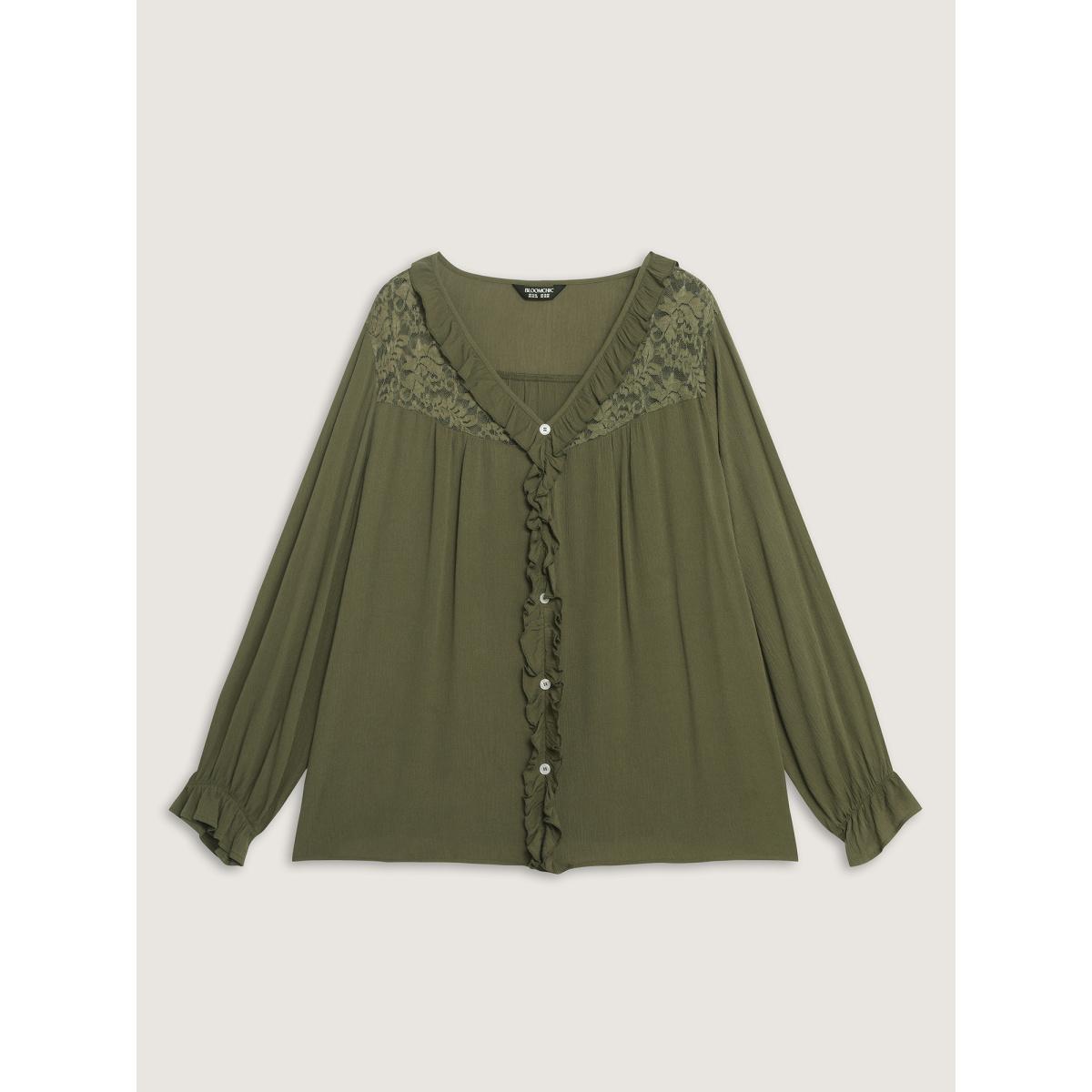 Plus Size ArmyGreen Lace Trim Ruffled Edge Button Blouse Women Timeless Extra Long Sleeve V-neck Elegant Blouses BloomChic 30/6X Product Image