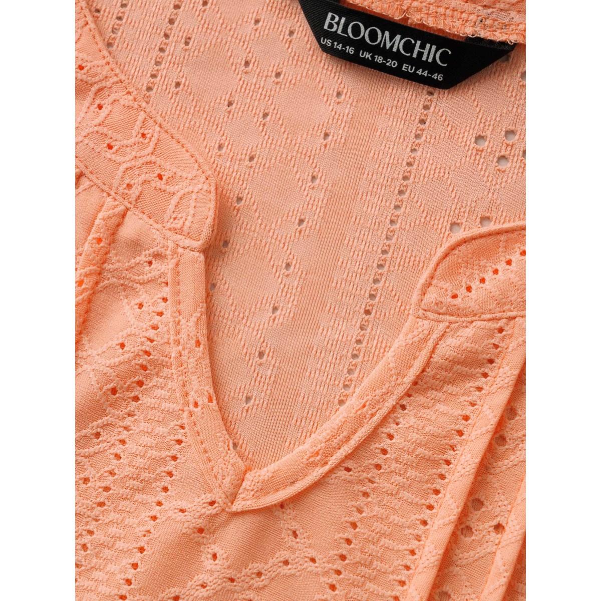 Plus Size Notched Broderie Anglaise Pleated T-shirt Lightorange Women Casual Texture Flat collar with V-notch Everyday T-shirts BloomChic 26/4X Product Image