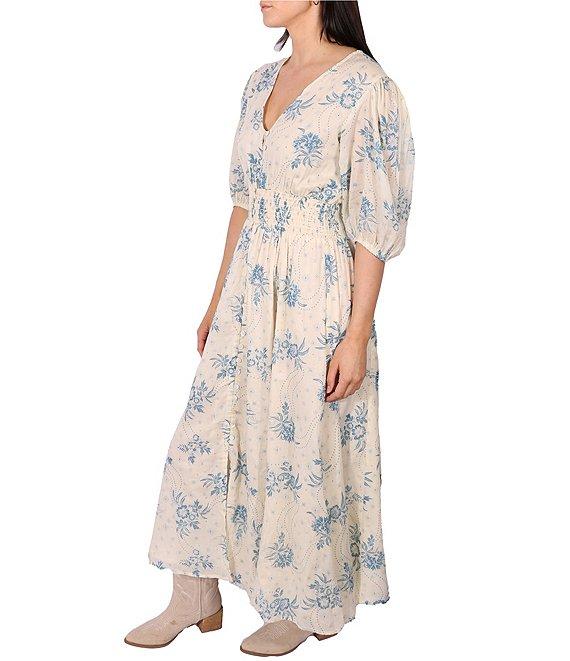 Talisman V-Neck Short Puff Sleeve Bluebell Print Halo Maxi Dress Product Image