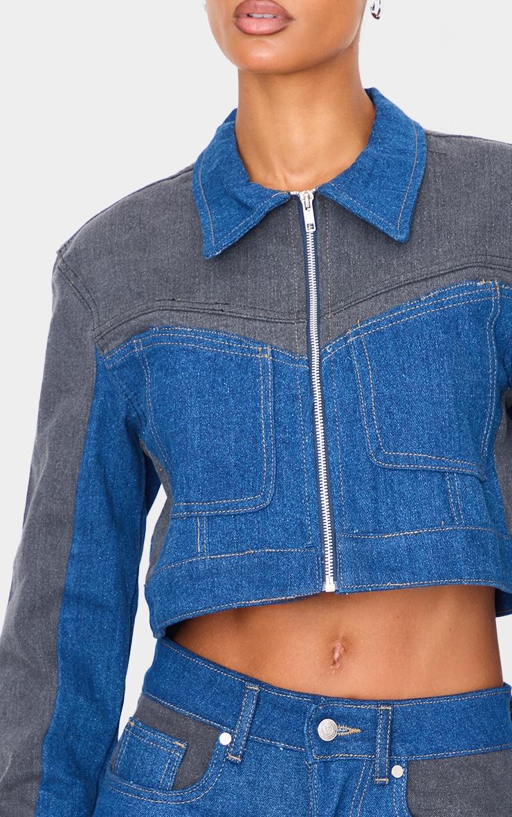 Dark Blue And Black Contrast Panel Cropped Denim Jacket Product Image