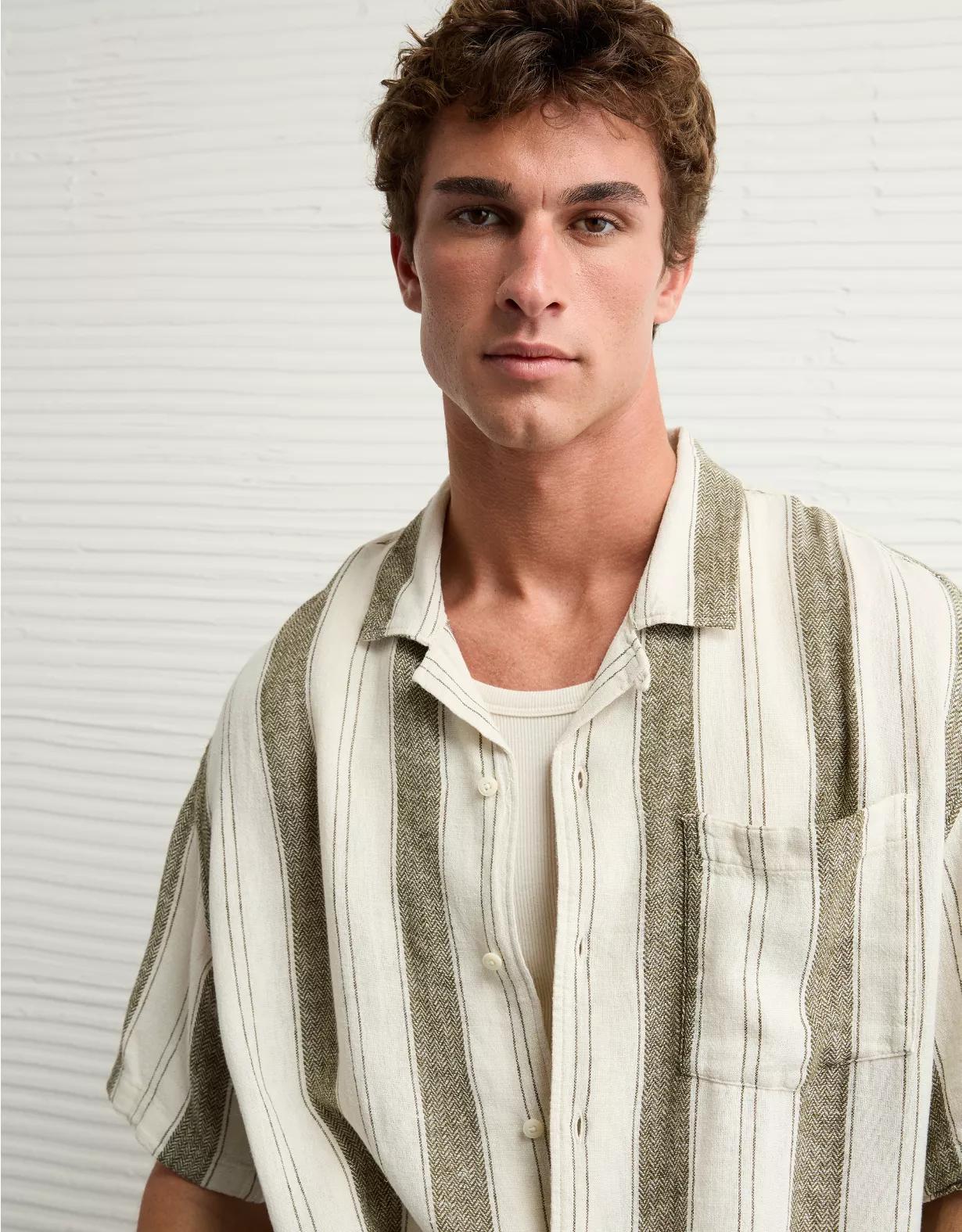 AE Poolside Linen-Blend Striped Button-Up Shirt Product Image