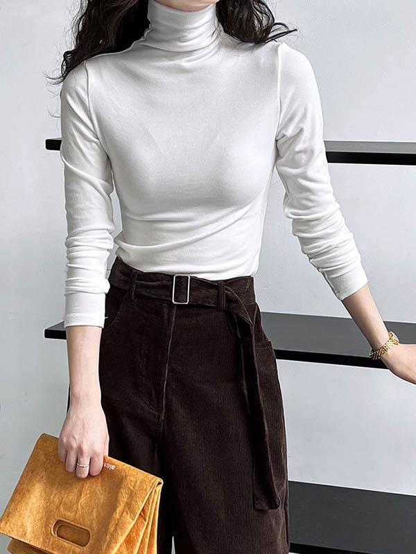 Long Sleeves Skinny Solid Color Split-Joint High Neck T-Shirts Product Image