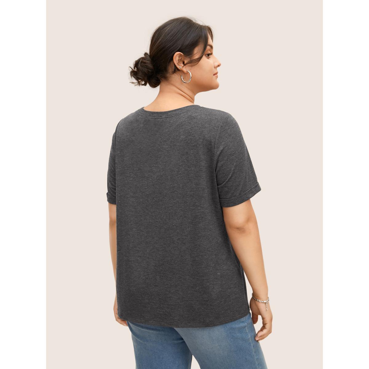 Plus Size Letter Print Round Neck T-shirt DimGray Women Casual Contrast Round Neck Everyday T-shirts BloomChic 26/4X Product Image