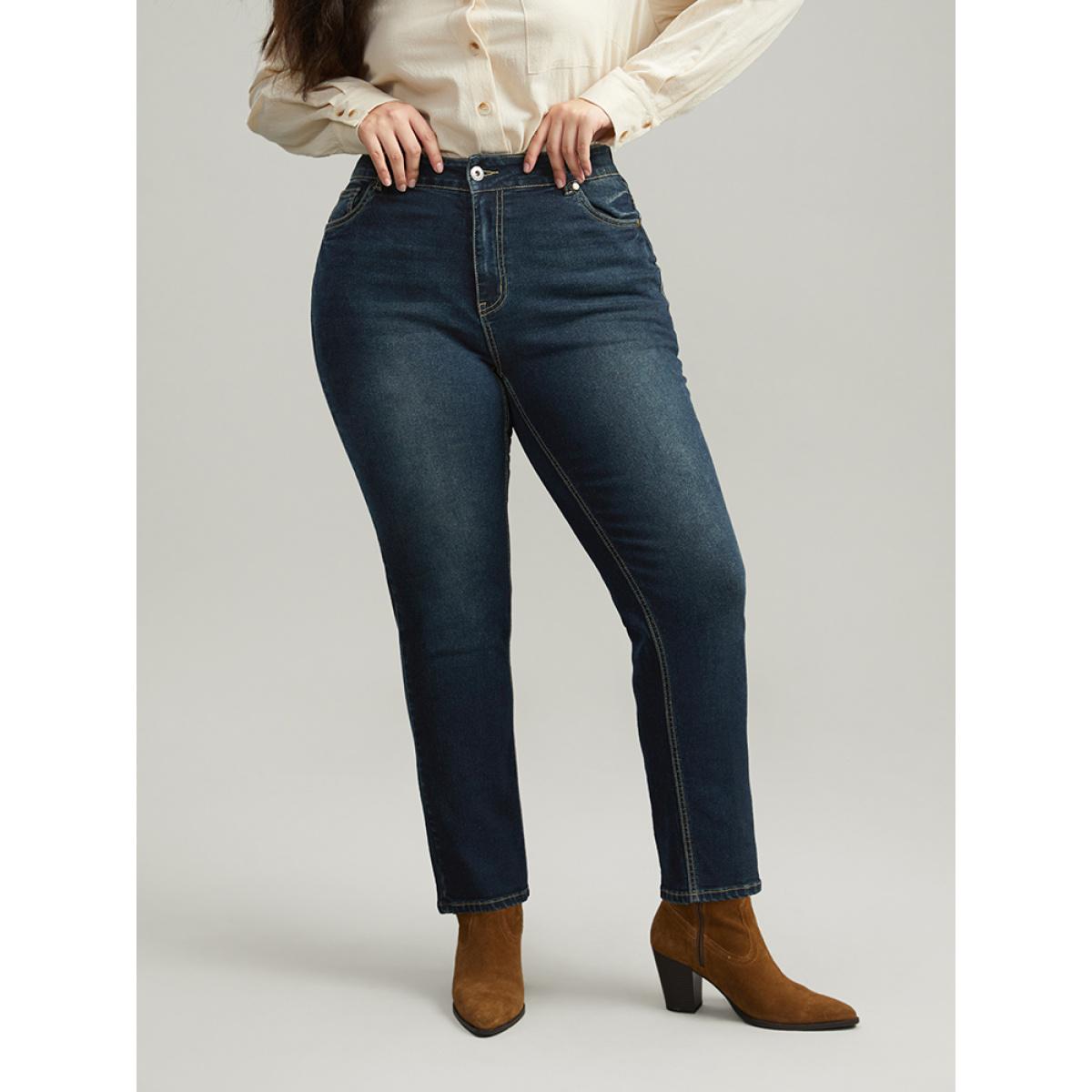 Plus Size Dark Wash Straight Leg High Rise Jeans Women Indigo Casual Plain Plain High stretch Pocket Jeans BloomChic 24/3X Product Image