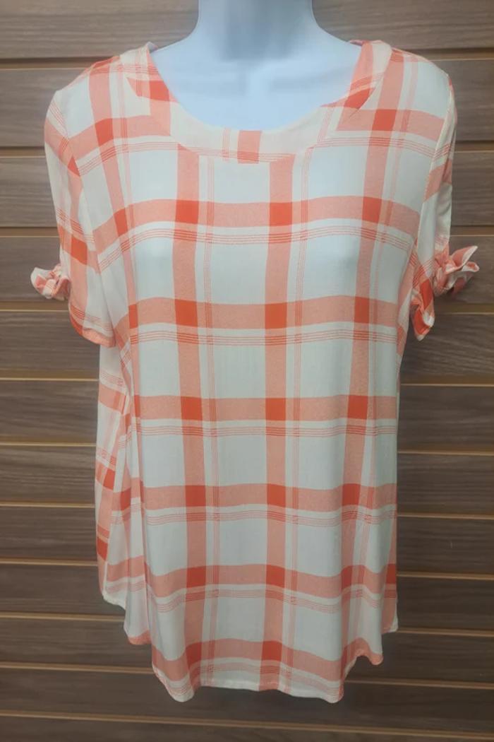 Tied short sleeve orange plaid linen Product Image