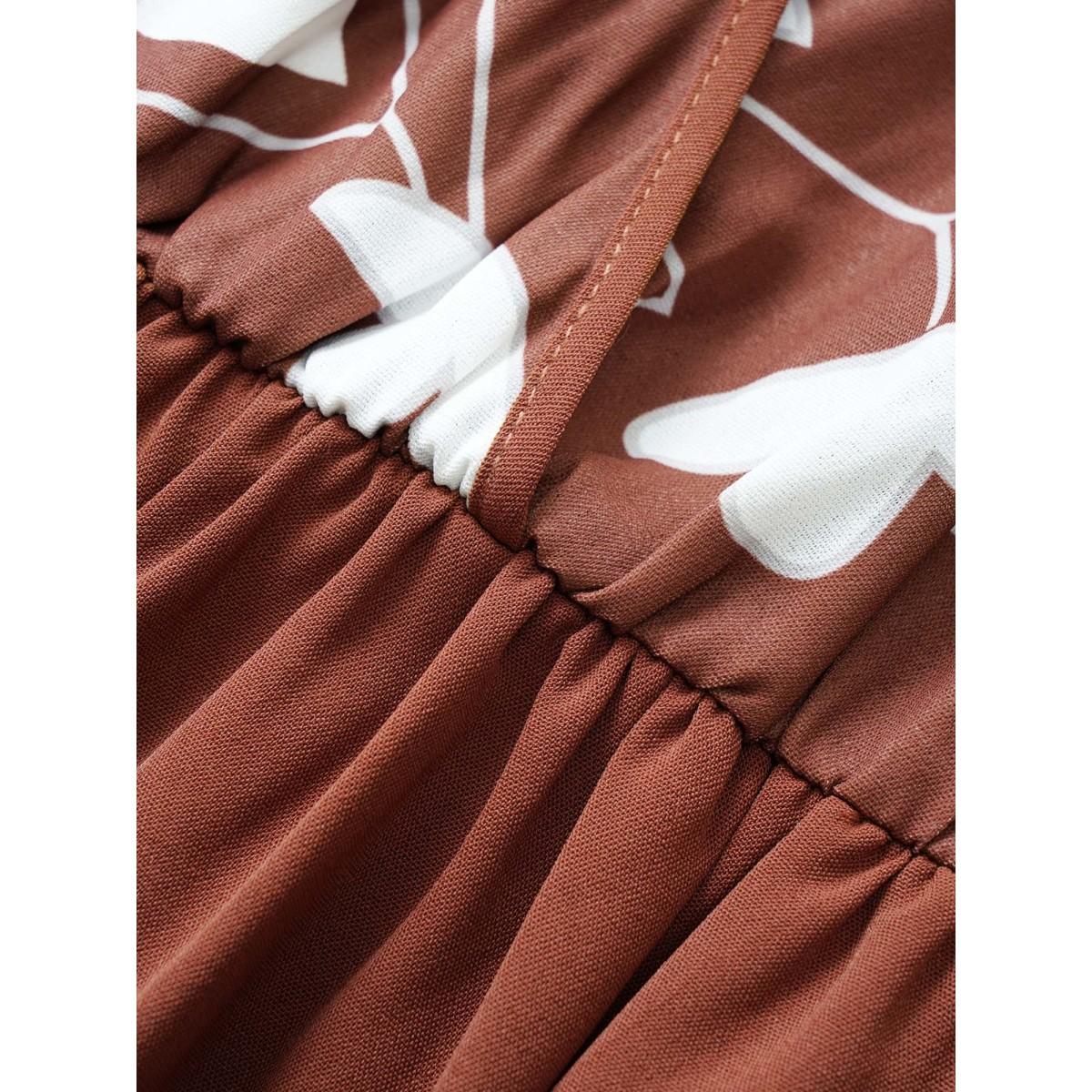 Plus Size Geometric Surplice Neck Flutter Layered Hem Dress Rust Women Vacation Elastic cuffs Overlap Collar Elbow-length sleeve Curvy Midi Dress BloomChic 26/4X Product Image