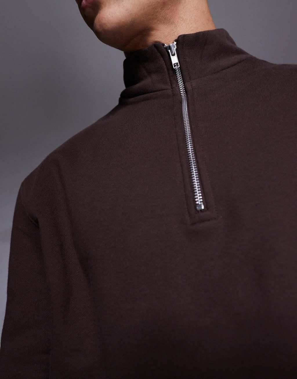 ASOS DESIGN premium heavyweight oversized quarter zip sweatshirt in dark brown Product Image