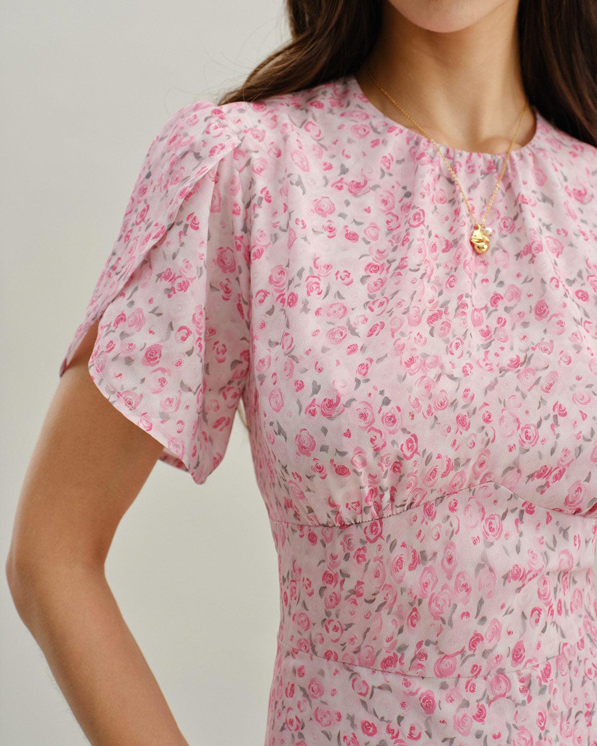 Pink Floral Round Neck Pleated Mini Dress Product Image