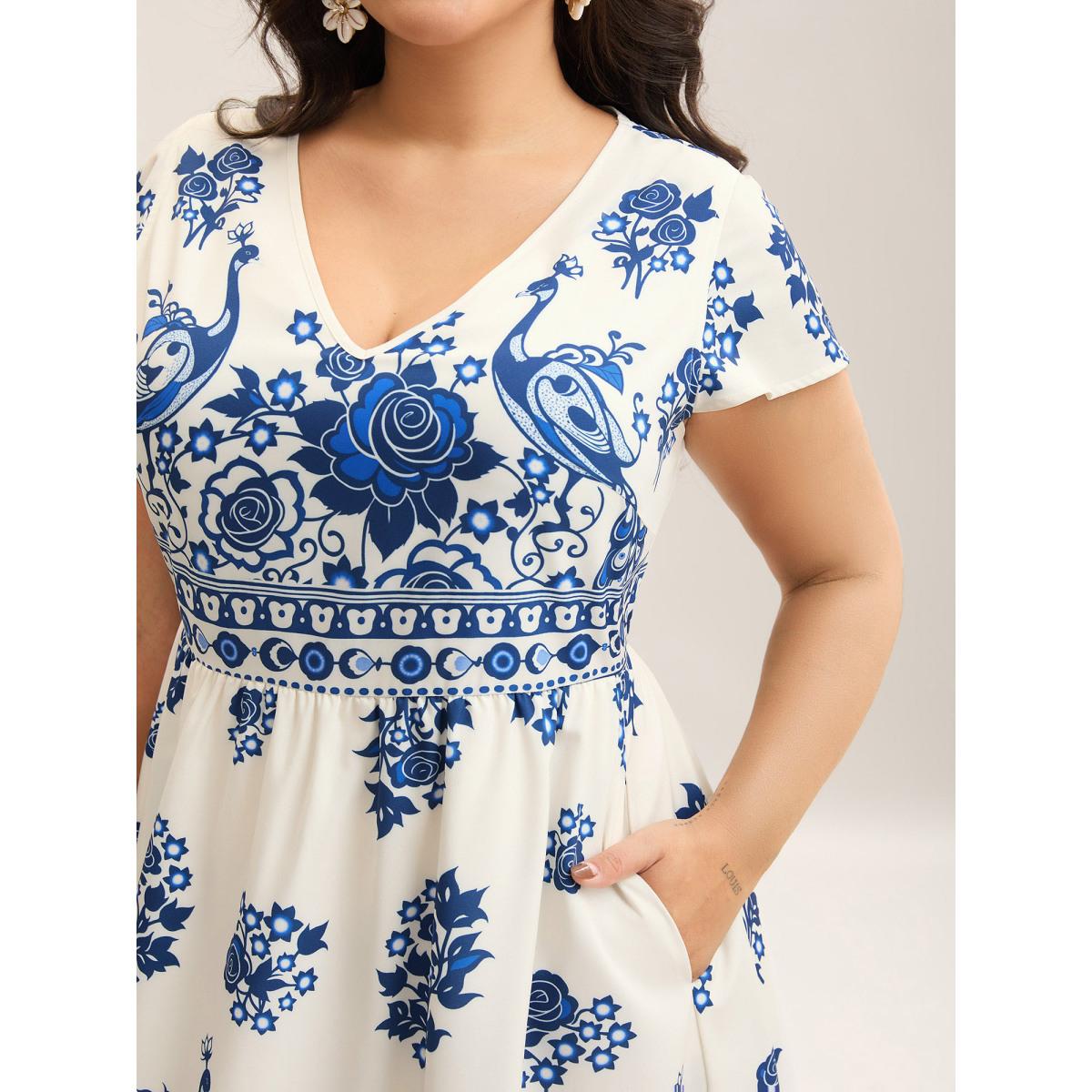 Plus Size Boho Print V-Neck Pockets Midi Dress Mediumblue Women V-neck Short sleeve Curvy BloomChic 30/6X Product Image