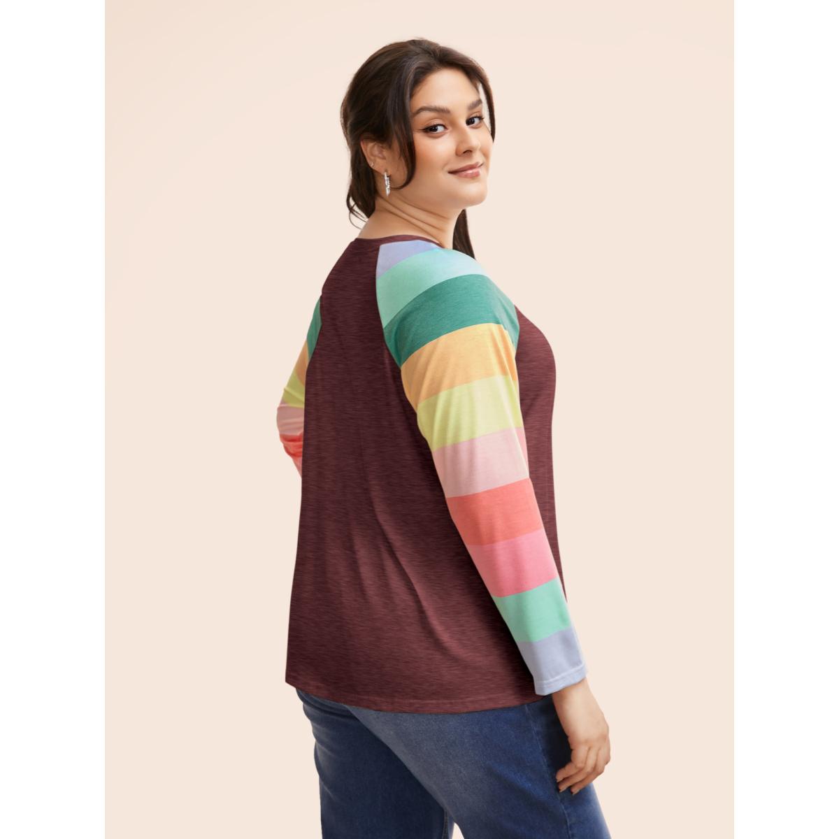 Plus Size Multi-color Striped Sleeves Loose Fit T-shirt Burgundy Women Casual Contrast Round Neck Everyday T-shirts BloomChic 10/M Product Image