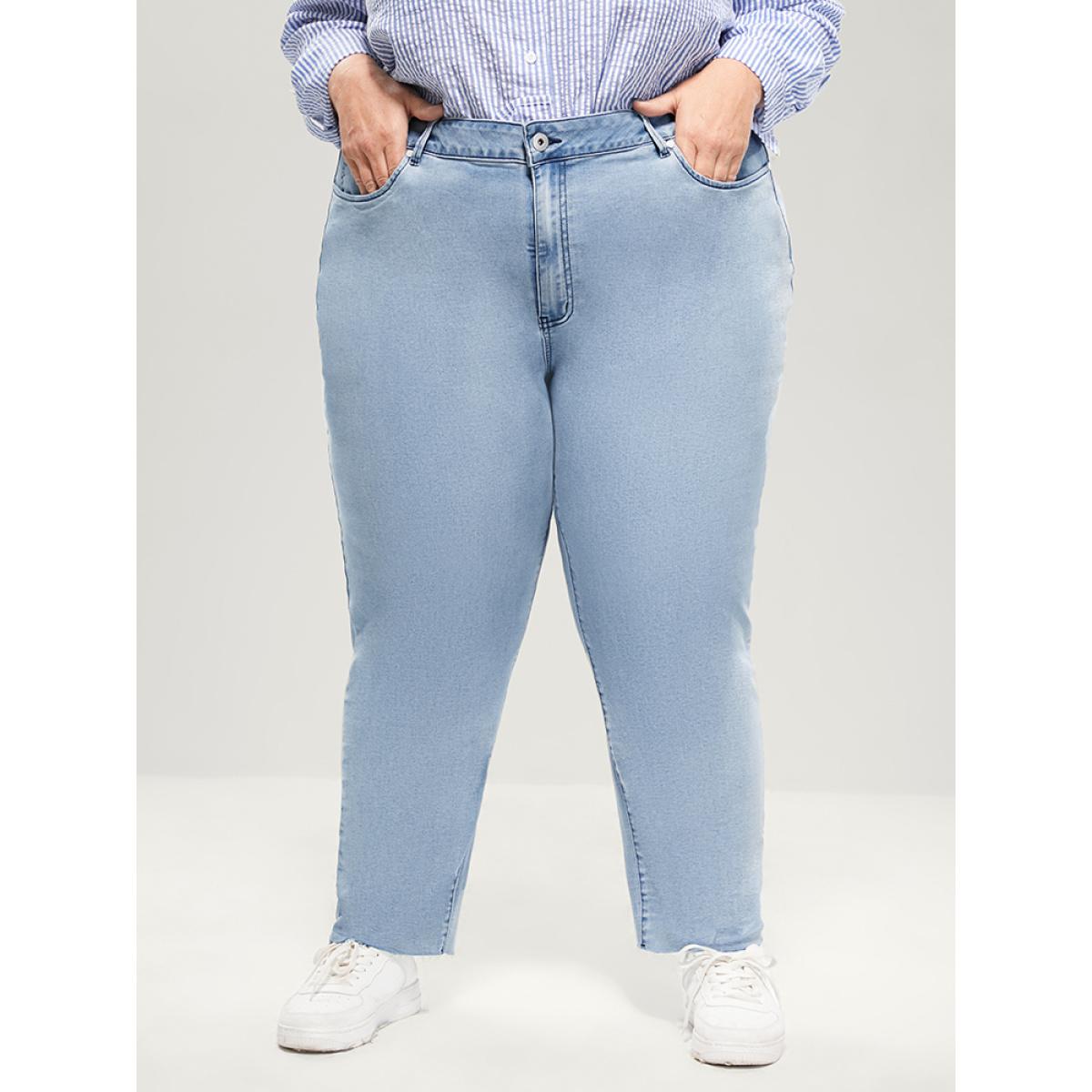 Plus Size Skinny Very Stretchy High Rise Light Wash Pocket Patchwork Jeans Women LightBlue Casual Plain Asymmetrical High stretch Pocket Jeans BloomChic 24/3X Product Image
