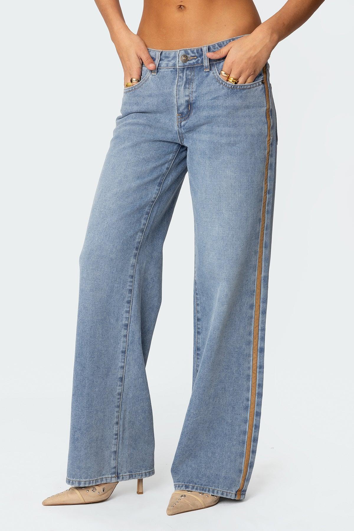 Faux Suede Stripe Low Rise Straight Leg Jeans Product Image