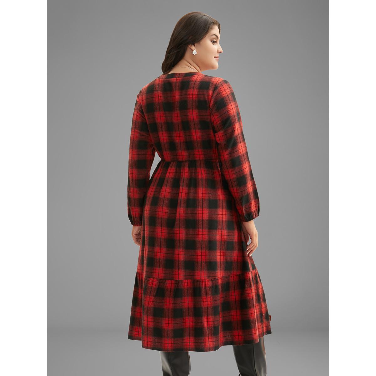 Plus Size Plaid Notched Collar Elastic Waist Midi Dress Burgundy Women Casual Non Party Curvy Bloomchic 12/L Product Image