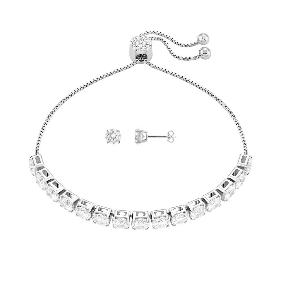 Brilliance Fine Silver Plated Round Cubic Zirconia Stud Earrings & Adjustable Cubic Zirconia Tennis Bracelet Set, Women's, Size: 4-10" ADJ, Silver Tone Product Image
