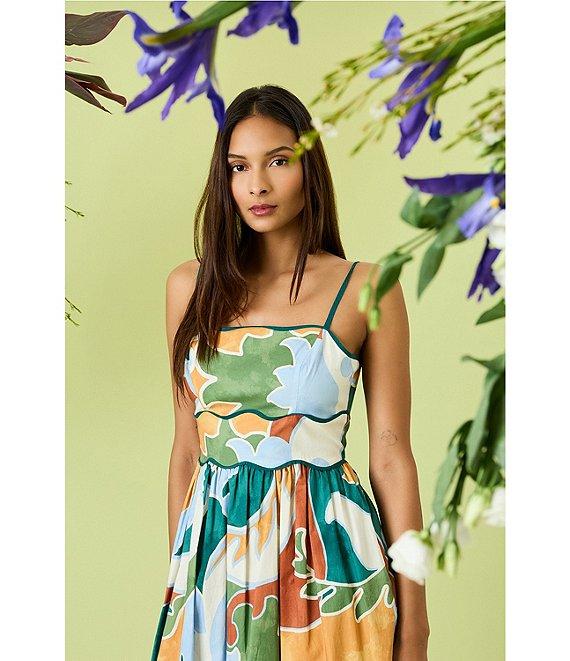 Donna Morgan Poplin Multi Print Square Neck Sleeveless Scalloped Trim Midi Dress Product Image