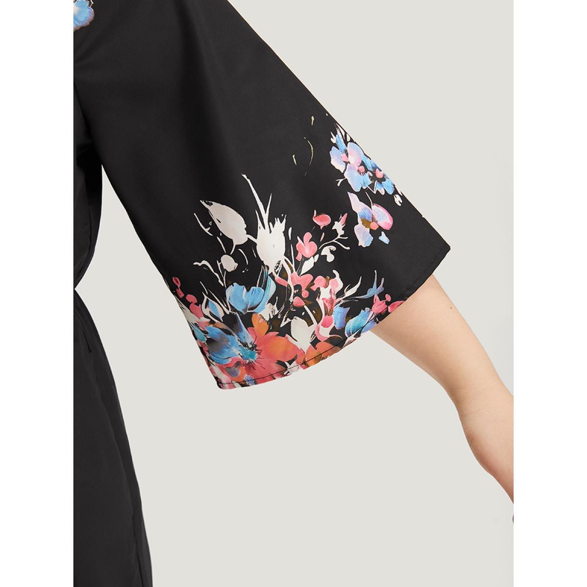 Plus Size Black Boho Print Drawstring Pocket Flutter Sleeve Jumpsuit Women Elegant Elbow-length sleeve V-neck Everyday Loose Jumpsuits BloomChic 10/M Product Image