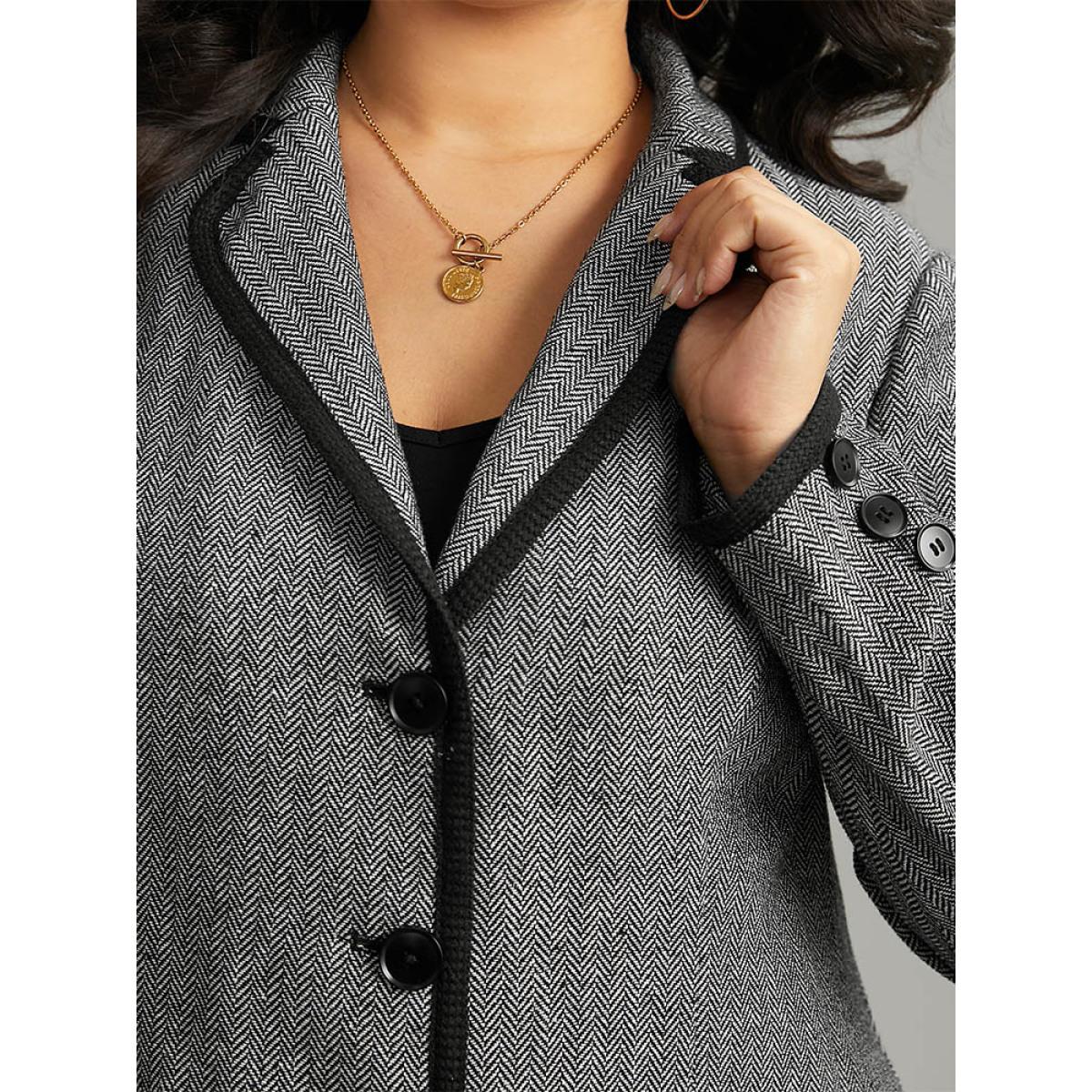 Plus Size Suit Collar Contrast Trim Button Up Blazer DimGray Women Work Plain Texture Sleeve Long Sleeve Suit Collar 14-16/1X At the Office Blazers BloomChic Product Image