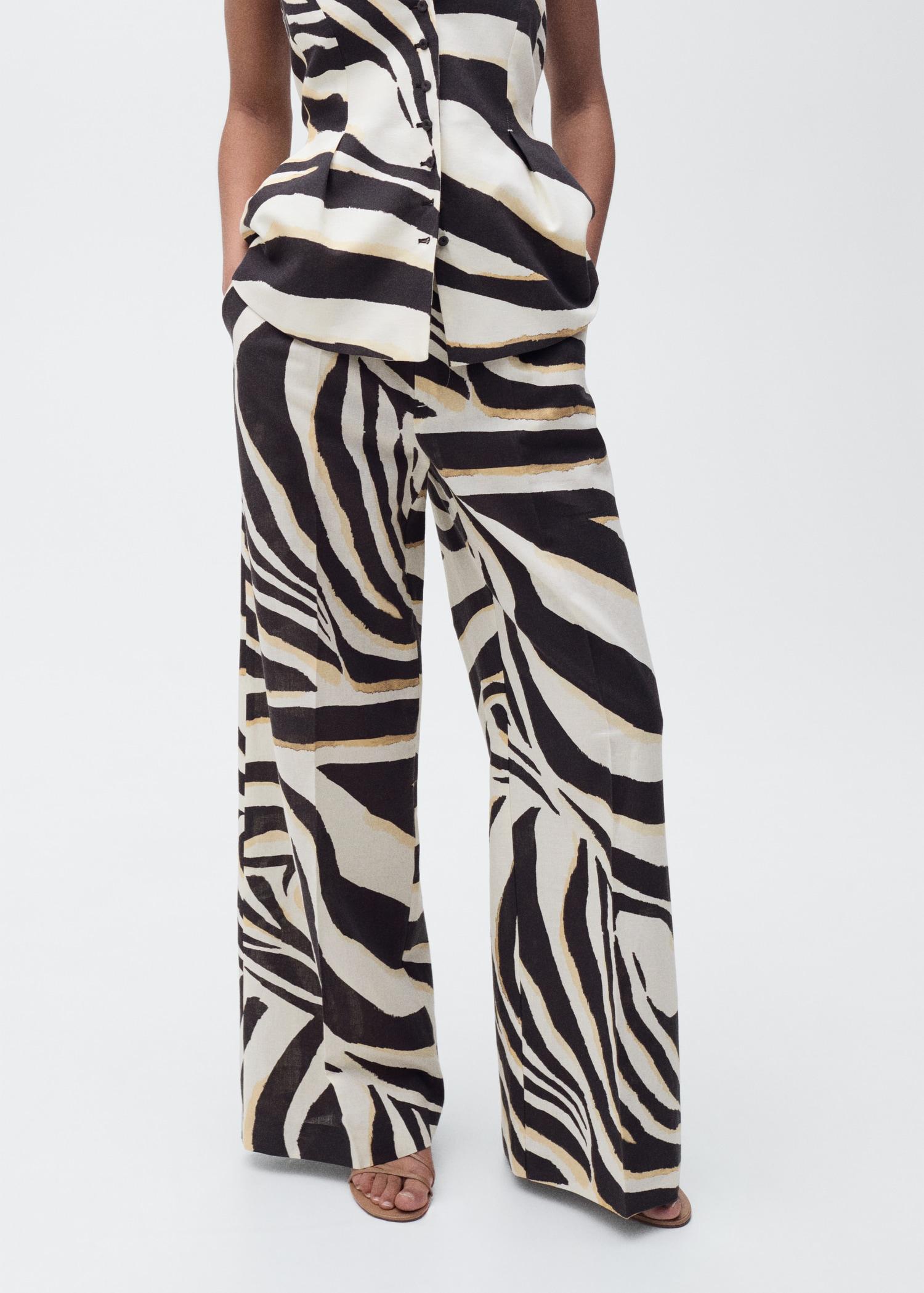 Linen wideleg zebra-print pants - Women | MANGO USA Product Image