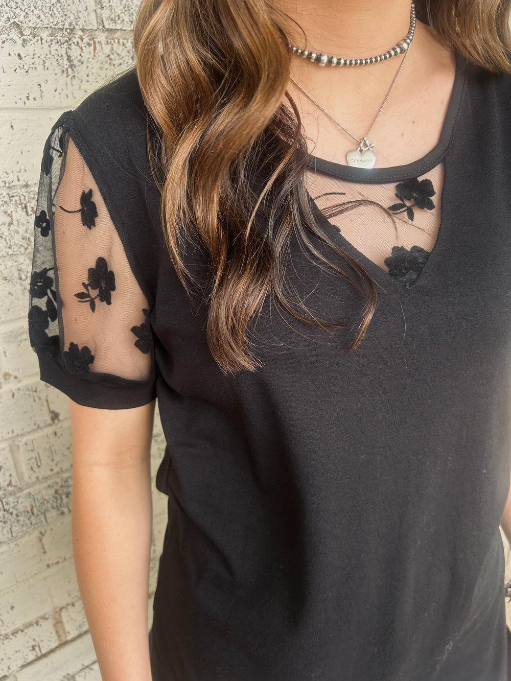 Black Floral Lace Patchwork Top Product Image