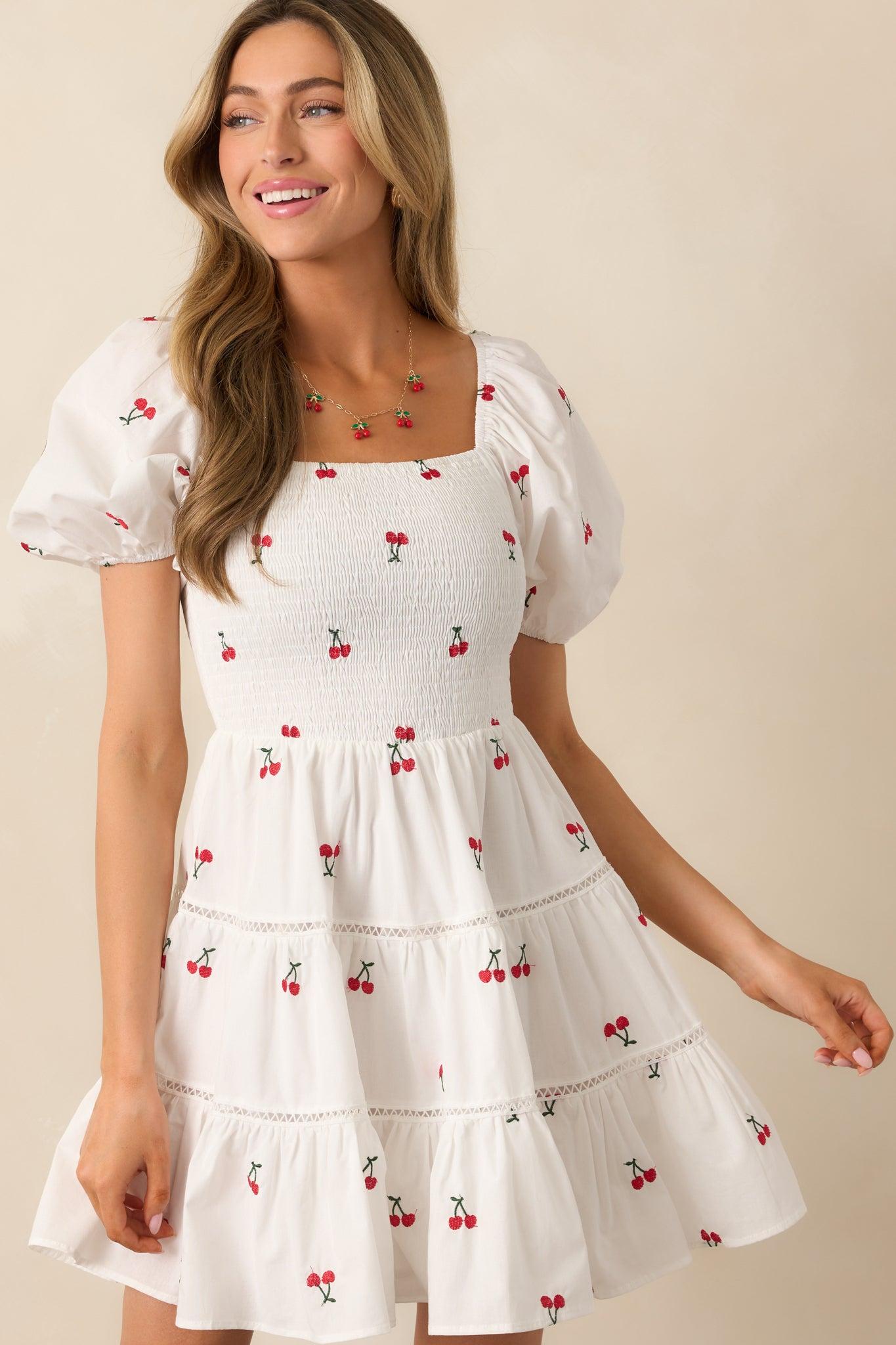Spending Time White Cotton Cherry Embroidered Mini Dress Product Image