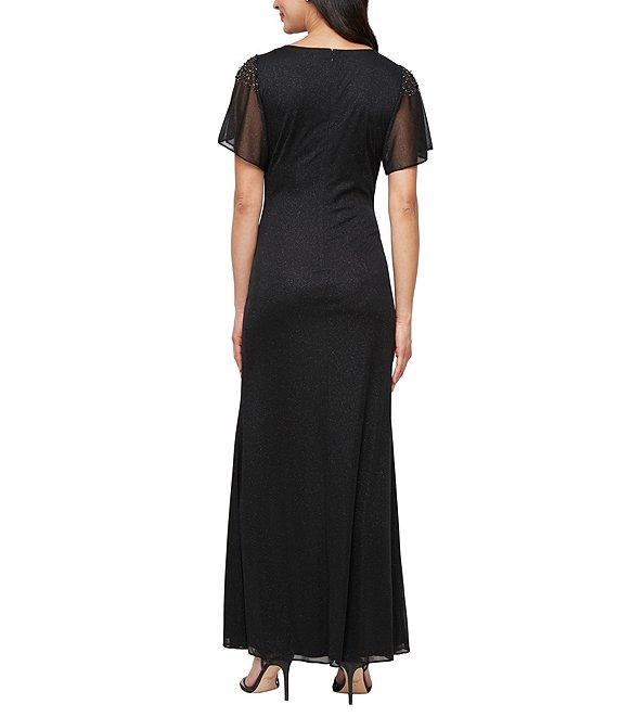 Ignite Evenings Short Sleeve Round Neck Front Slit Glitter Jersey Dress Product Image