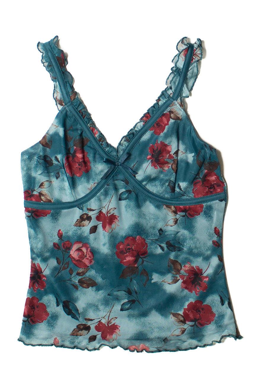 Teal Floral Ruffle Mesh Tank Product Image