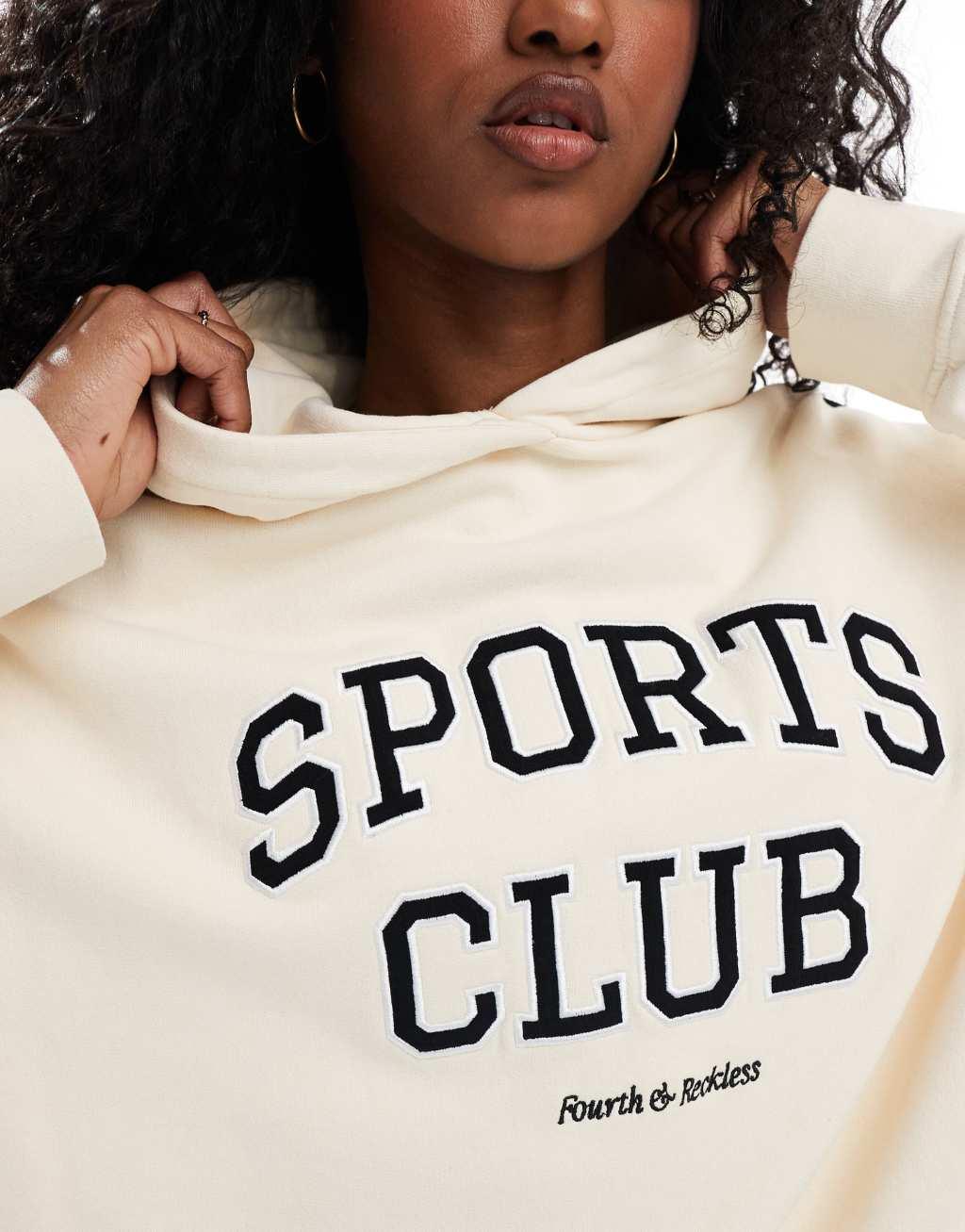 4th & Reckless sports club embroidered logo contrast sleeve hoodie in cream Product Image