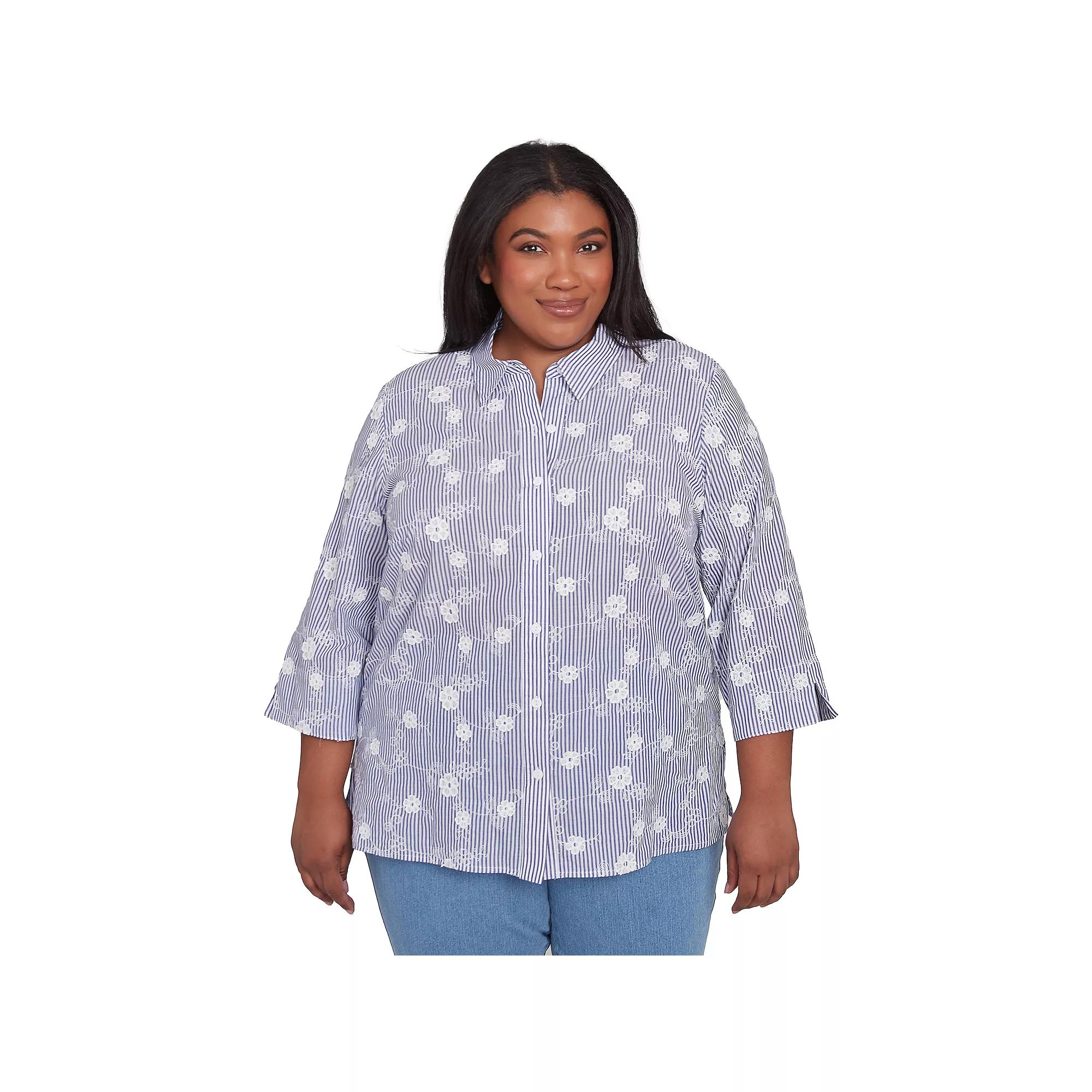 Plus Size Alfred Dunner Striped Breezy Floral Applique Top, Women's, Size: 2XL, Blue Product Image