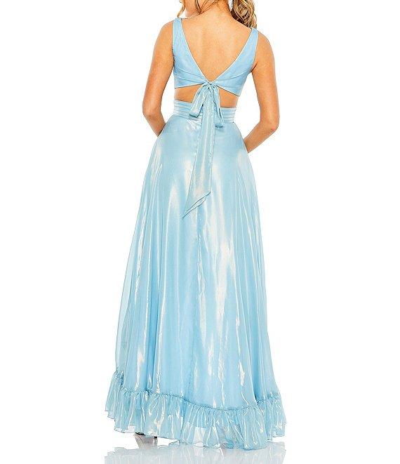 Mac Duggal Organza V-Neck Sleeveless Side Cutout Ruffle High Low Back Tie Gown Product Image