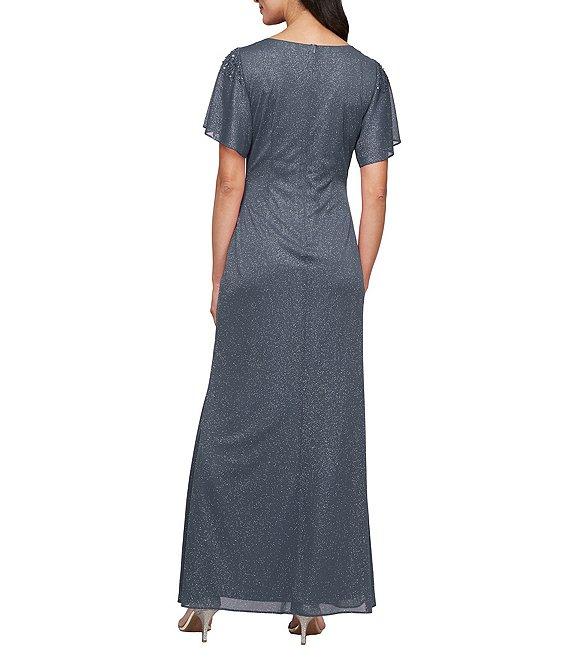 Ignite Evenings Short Sleeve Round Neck Front Slit Glitter Jersey Dress Product Image