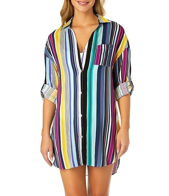 Anne Cole Barcode Multi Color Stripe Point Collar Roll-Tab Button Front Shirt Dress Swim Cover-Up Product Image