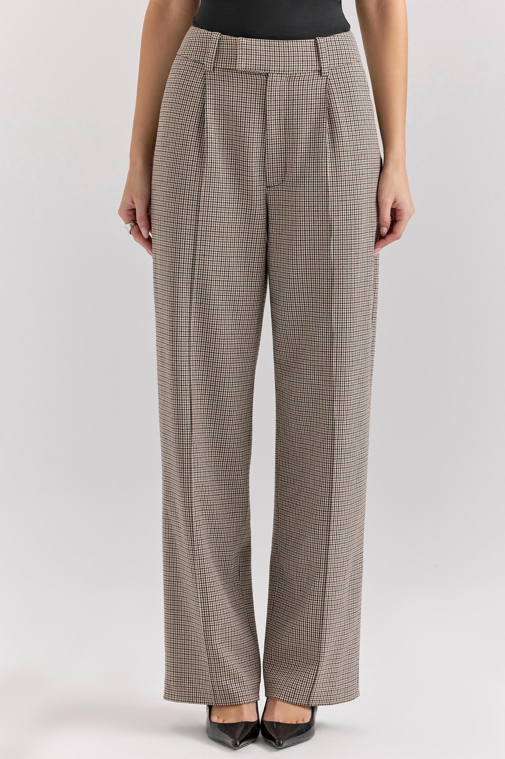 Hayden  brown puppytooth wide leg high waist tailored trousers Product Image