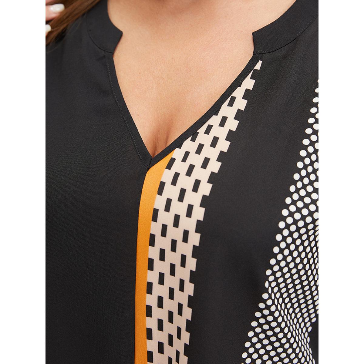 Plus Size Black Contrast Patchwork Notched Arc Hem Blouse Women Elegant Short sleeve Notched collar Dailywear Blouses BloomChic 12/L Product Image