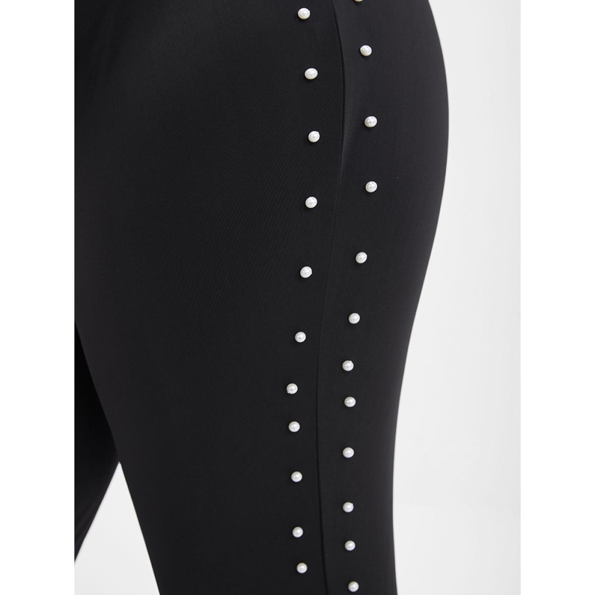 Plus Size Solid Beaded Split Hem Skinny Leggings Women Black Party Low stretch Skinny High Rise Going out Leggings BloomChic 18-20/2X Product Image