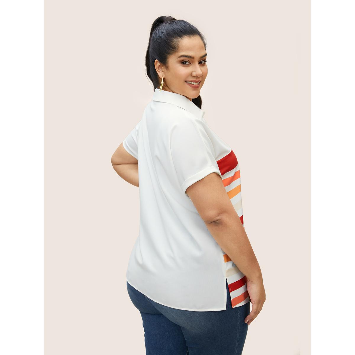 Plus Size Multicolor Striped Contrast Shirt Collar Batwing Sleeve Blouse Women Casual Short sleeve Shirt collar Everyday Blouses BloomChic 12/L Product Image