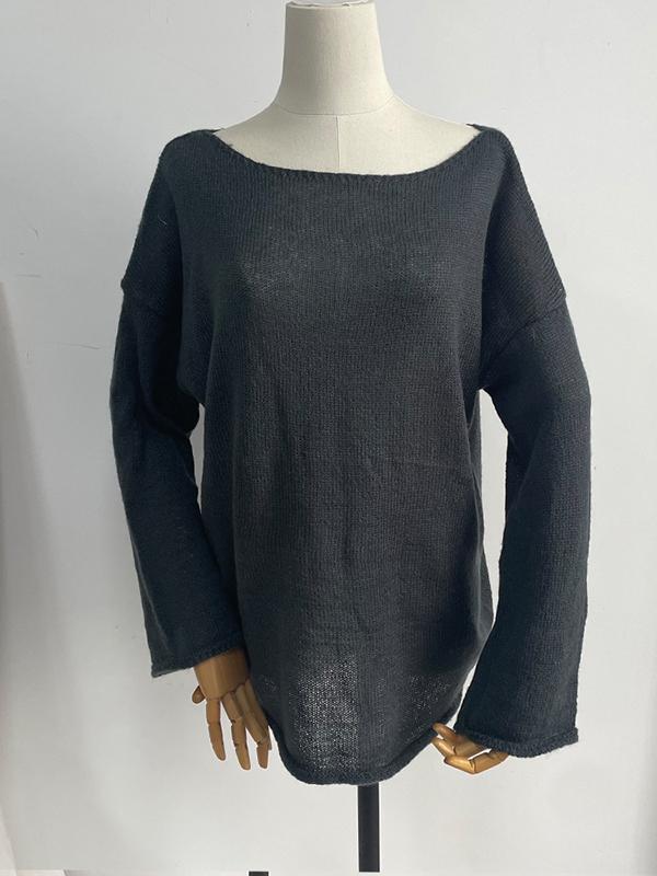 Long Sleeves Loose See-Through Solid Color Split-Joint Round-Neck Sweater Tops Product Image