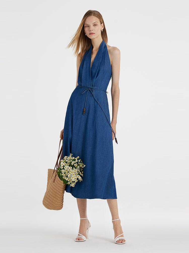 Denim Halter Women Midi Dress With Rope Belt Product Image