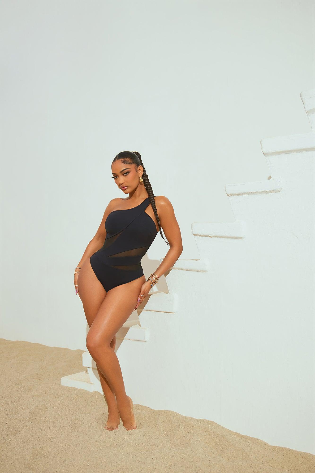 Nights In Paradise Illusion Mesh Cutout 1 Piece Swimsuit - Black Product Image