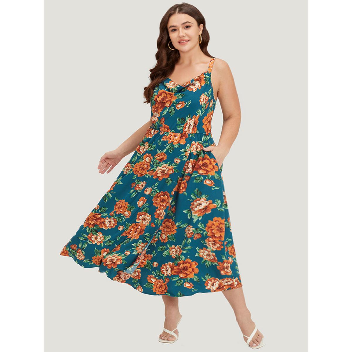 Plus Size Floral Print Cowl Neck Pocket Cami Dress Cyan Women Elegant Adjustable Straps Spaghetti Strap Sleeveless Curvy Midi Dress BloomChic 18-20/2X Product Image