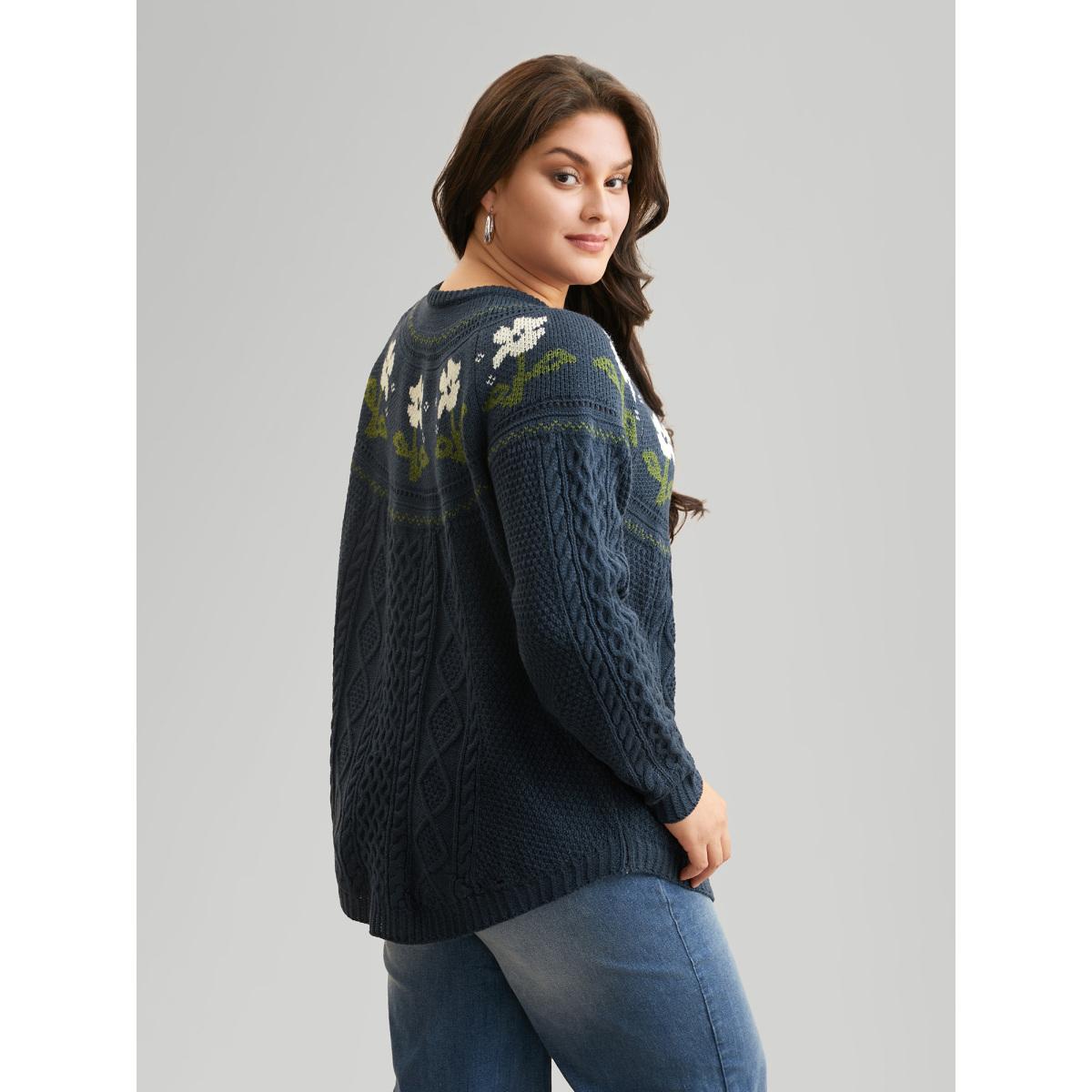 Plus Size Floral Jacquard Raglan Sleeve Pullover Indigo Women Leisure Long Sleeve Round Neck Casual Pullovers BloomChic 28/5X Product Image