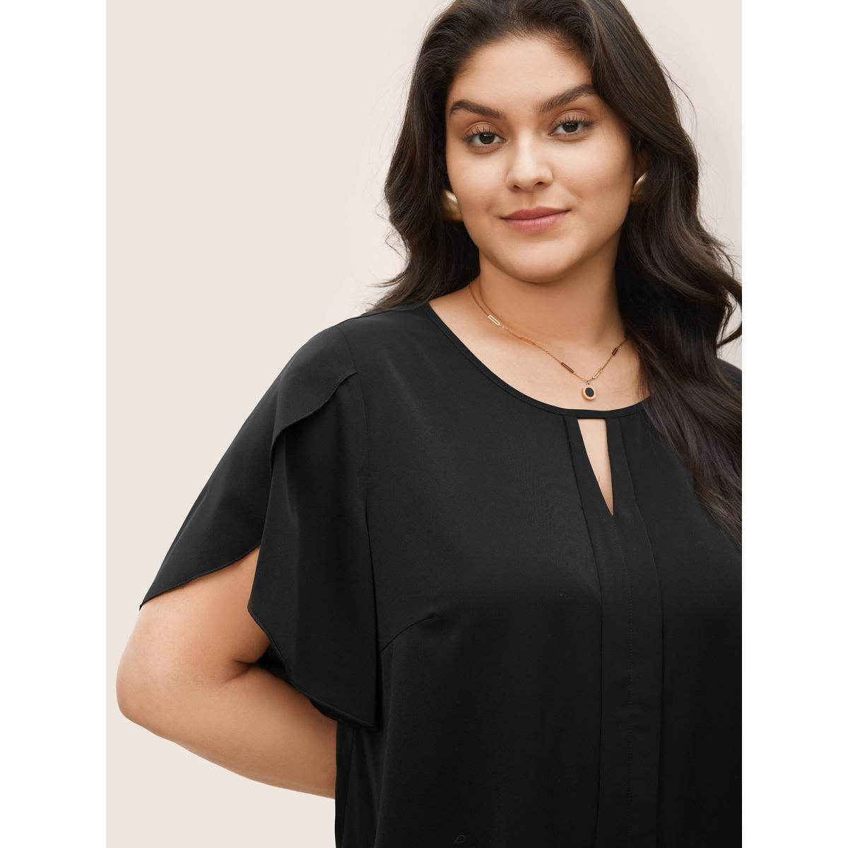 Plus Size Black Solid Keyhole Petal Sleeve Pleated Blouse Women Work From Home Short sleeve Notched collar Work Blouses BloomChic 12/L Product Image